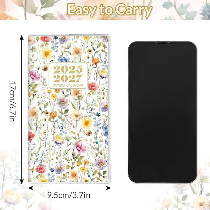 Pocket Calendar 2026-2027, Floral 2026-2027 Monthly Planner - 3.7" x 6.7" - Runs from July 2025 Until December 2027, 2026 Pocket Calendar with PVC Cover for Student, Women, Office Supplies