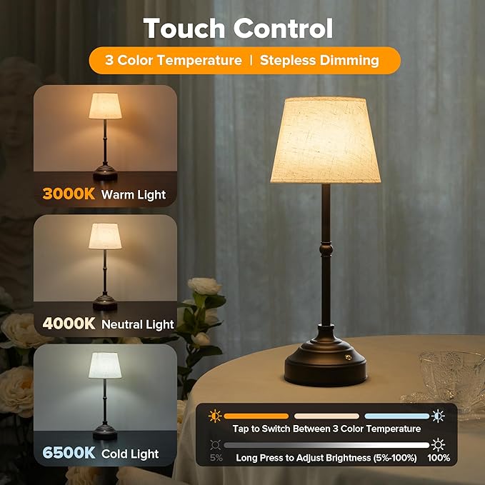 2 Pack Cordless Table Lamp, Rechargeable Desk Lamp with Fabric Shade, Battery Operated Lamp 3 Color Stepless Dimming, Small Touch Bedside Lamp Home Decor for Dining, Counter (Matte Black)