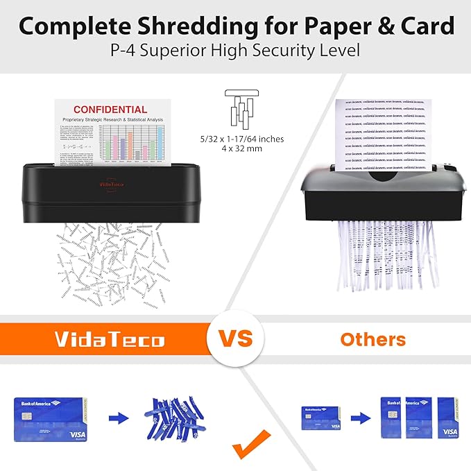 Paper Shredder for Home Use,VidaTeco 6-Sheet Cross-Cut Shredder,Also Shred Card/Clip/Staple,P-4 Higher Security,Small Document Shredder for Office,Paper Shredder Heavy Duty with Jam Proof,3.04-Gal Bin