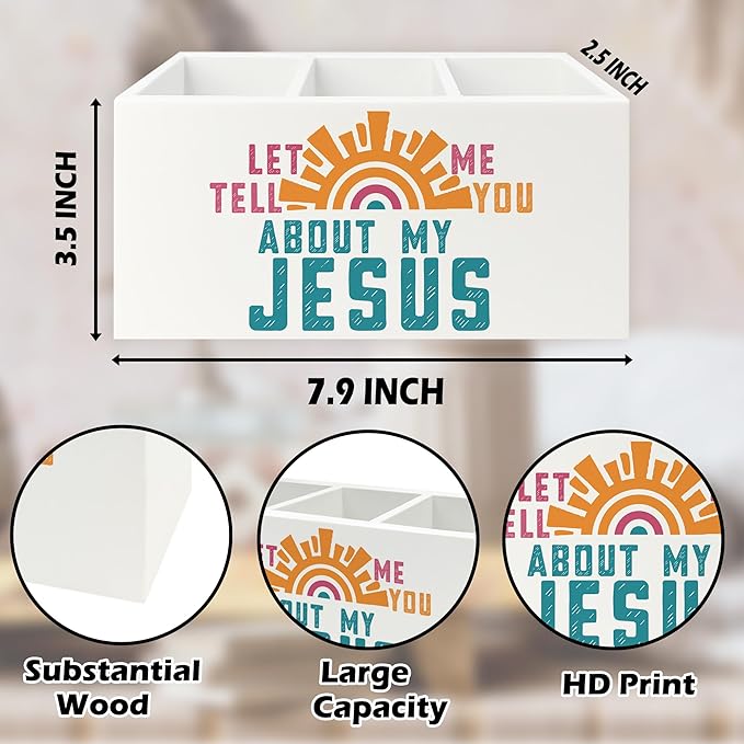 Boho Jesus Christian Pen Pencil Holder Organizer for Desk, Let Me Tell You about My Jesus Bible Verse Wooden Box Signs Decorations for Home Office Desk Tabletop