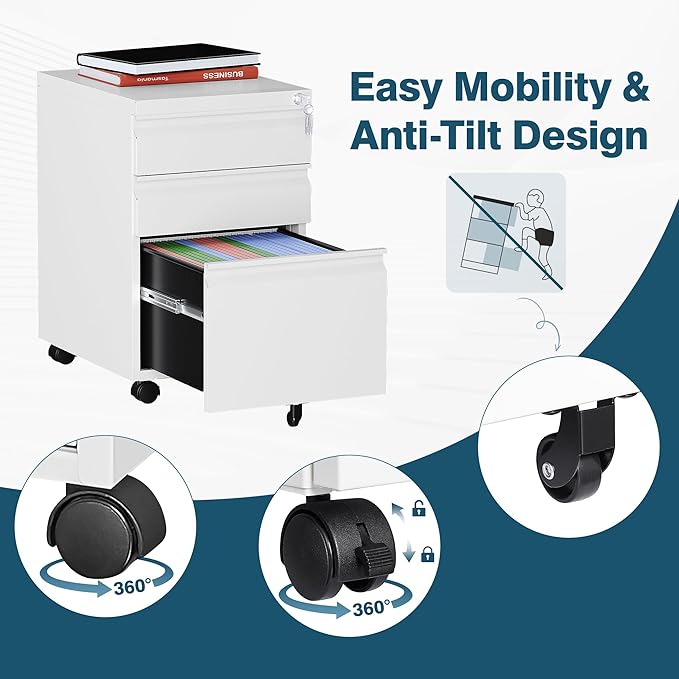 MIIIKO 3 Drawer File Cabinet on Wheels, Home Office Mobile File Drawers Under Desk, Full Assembled White Filing Cabinets with Lock for Legal/Letter/A4 File Folders