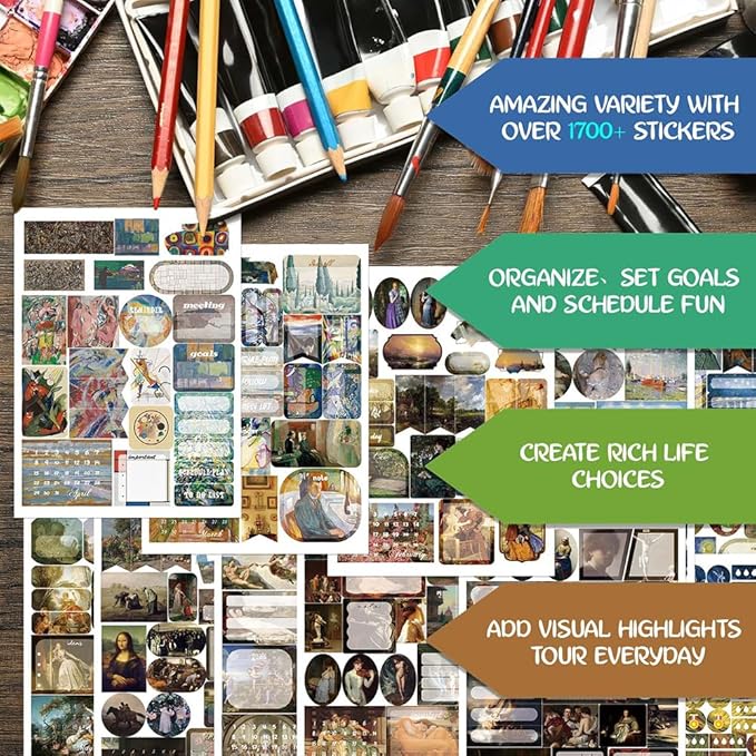 1700+ Planner Stickers Book, 24 Sheets Waterproof Repositionable Stickers for Journal, Bullet Planner, Scrapbook & Calendar, Functional Decorative Sticker Set & Gift (Art Exhibition)