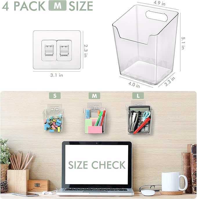 Clear Adhesive Wall Storage Bins, M Size 4 Pack Cabinet Door Organizer Holders, Hanging Wall Mount Pockets, Plastic Cups for Shower Bathroom Makeup Office Craft Remote Kitchen Sink RV Organization
