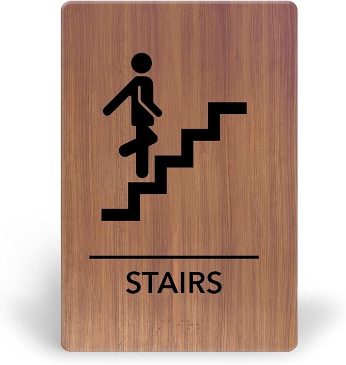Promot Stair Sign – ADA Braille Stairway Sign for Business, Self-Adhesive, 9" x 6", Commercial Door Signage, Office Wall Decor - Chestnut