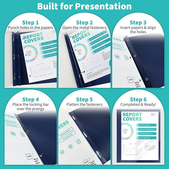 Binditek 30 Pack Clear Front Report Covers with 3 Prongs, 100-Sheet Capacity, Heavy-Duty Plastic Report Folder with Navy Back Covers, 3 Metal Prongs Fasteners, for Letter Size, Office Supplies