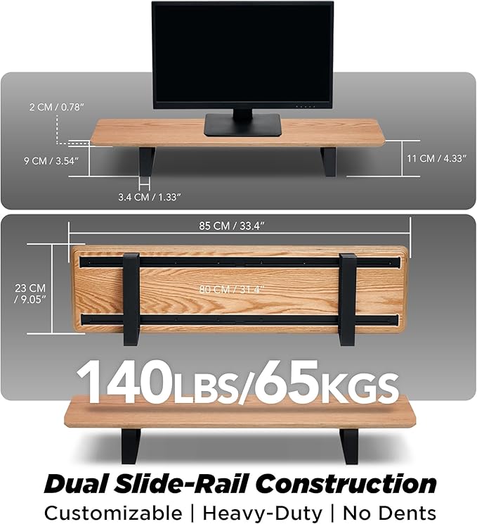 Moodular Wooden Monitor Stand 33.4” (85cm) Desk Organizer with Metal Slide Rails for Drawer, Tray, Laptop, Tablet, Phone & Headphones Customizable Riser for Organized Workspace Oak MS85-O
