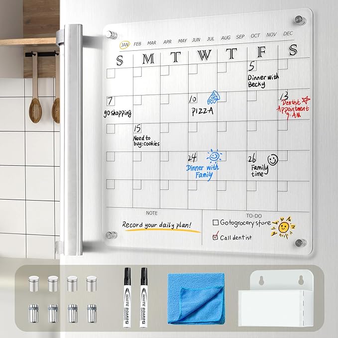MAKELLO Acrylic Calendar for Wall, Clear Fridge Calendar for Family,2 Pens, Pen Holder, Fixing Screw and Magnets for Refrigerator,12x12 in