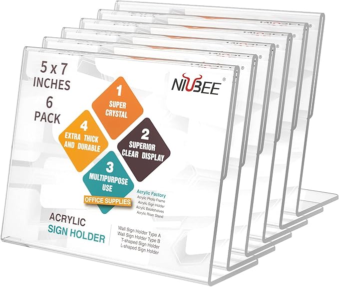 NIUBEE Slanted Back Acrylic Sign Holder 7 x 5 Inches, Clear Plastic Sign Holder Paper Display Table Stand for Office, Store, Restaurant -Horizontal (6 Pack)