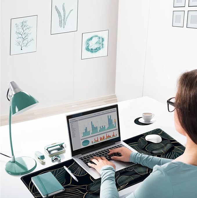 ARTSO Desk Mat Set, Large Gaming Mouse Pad Wrist Support, Keyboard Wrist Rest Ergonomic Desk Pad with Coaster Combo, Extended Mousepad with Non-Slip, Art Tropical Leaves