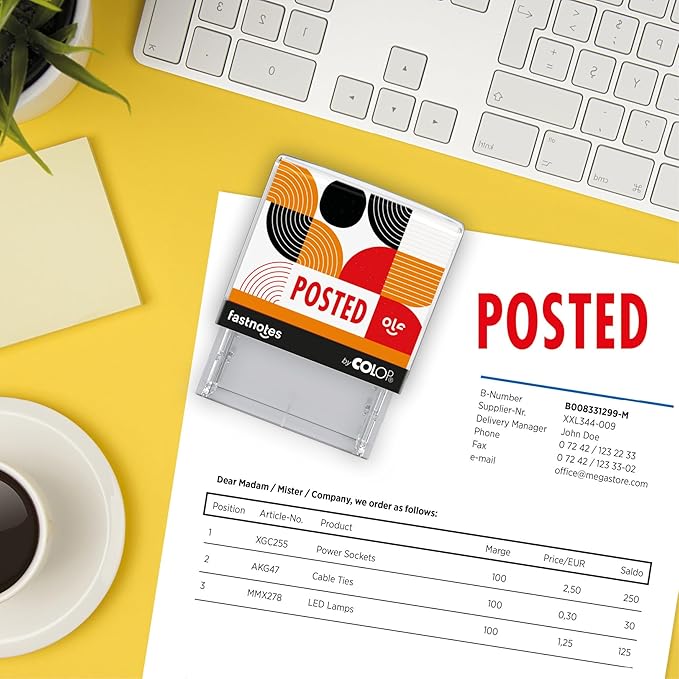 Fastnotes Posted Self-Inking Rubber Stamp by COLOP - Great for Office Documents, Notary, Warehouse, Accounting Paperwork, Business, and Legal Documentation - Red Ink (Posted- Red)