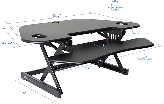 Rocelco 46" Height Adjustable Corner Standing Desk Converter with Dual Monitor Arm Bundle - Quick Sit Stand Up Computer Workstation Riser - Extra Large Keyboard Tray - Black (R CADRB-46-DM2)