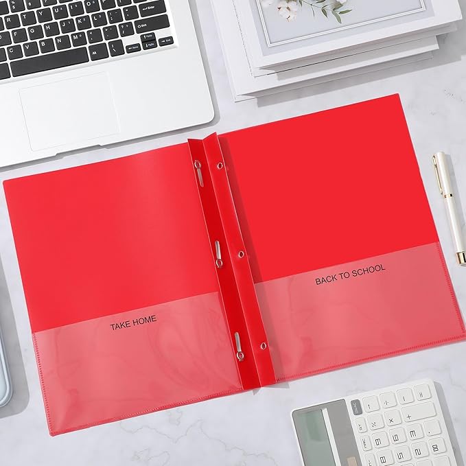 Henoyso 24 Pcs Plastic Folders with Clear Front Pocket and 3 Prong Take Home Plastic 2 Pocket Folder Back to School for Students Parent Teacher Communication for School Office (Red)