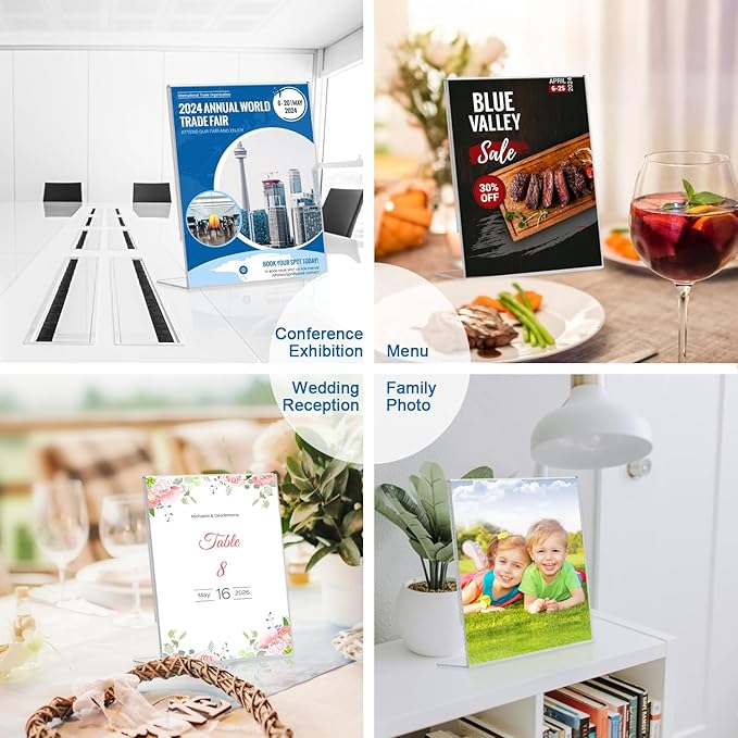 BlueValley Acrylic Sign Holder 8.5x11 Vertical - Clear Slanted Back Plastic Paper Display Stand for Menu, Flyer, Document - Table Top Sign Holder Certificate Frame for Office, Retail, Restaurant, Fairs - 12 Pack