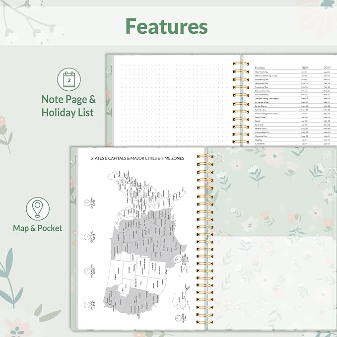 SUNEE 2026 Weekly and Monthly Planner - January 2026-December 2026, 6.4" x 8.3" Half Weekly Half Note, Daily Agenda Planner with PVC Waterproof Cover, Monthly Tab, Note, Pockets, Bookmark, Wildflowers