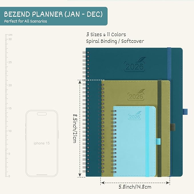 BEZEND 2026 Planner Weekly and Monthly (6" x 8.5" Spiral) Daily Calendar with Half-Hourly Timeslots & Tabs (Jan-Dec) Note & Expenses, Pen Holder, Inner Pocket, Vegan Leather Softcover - Kiwi