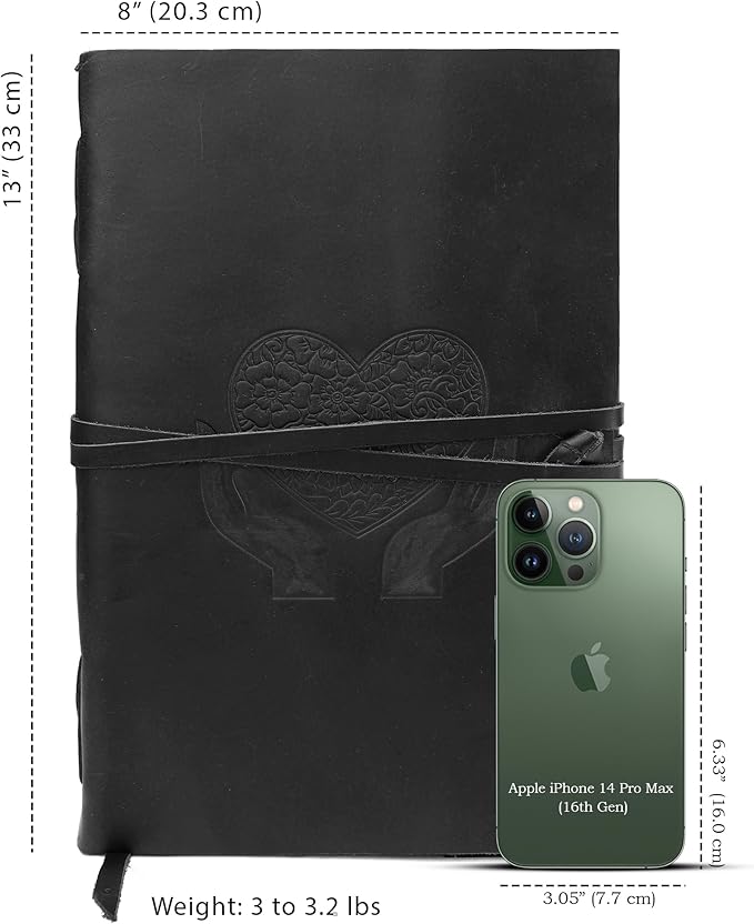 LUXEORIA Heart Journal for Women and Men, Handcrafted Leather Journal for Writing Womens, Sketchbook, Travel Diary with Unlined Deckle Paper, Black 8x13