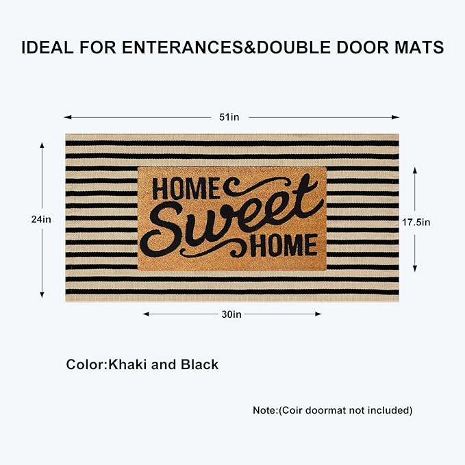 KIMODE Front Door Mats 24"x51", Machine Washable Farmhouse Front Porch Rug Decor, Striped Layered Door Mats Outdoor, Cotton Hand Woven Entryway Rug for Entry, Doorway, Kitchen Black and Khaki