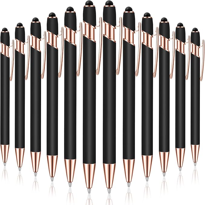 12 Pieces Ballpoint Pen with Stylus Tip, 1.0 mm Black Ink Metal Pen Stylus Pen for Touch Screens, 2 in 1 Stylus Ballpoint Pen (Black and Rose Gold)