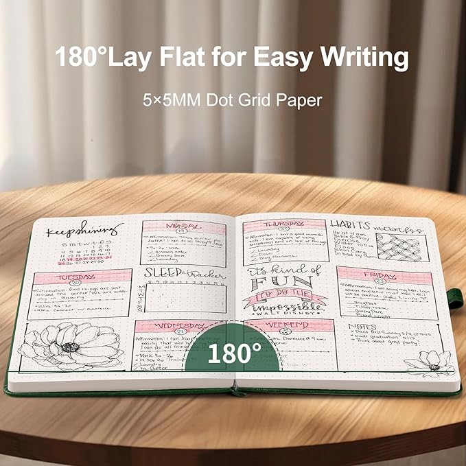 AHGXG Bullet Dotted Journal - Dot Grid Notebook Journal, 120 GSM Thick Acid-Free Paper, A5 Dotted Notebook 160 Pages, Leather Hardcover, Inner Pocket, Journal Stencil, 5.7'' × 8.3'' - Green