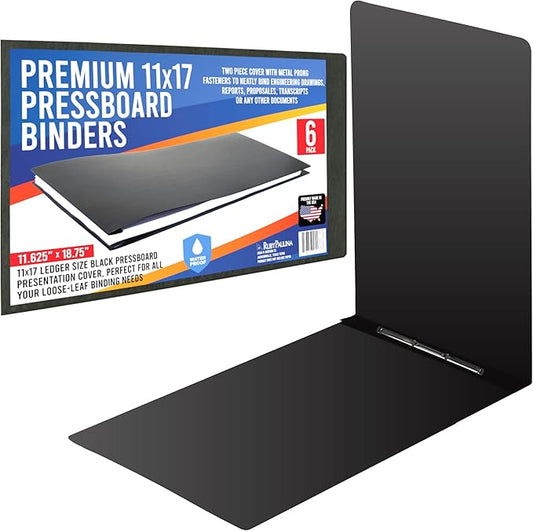 Premium 11x17 Pressboard Binder with High-Density Polyethylene - 3" Capacity, Crush Finish Exterior, Made in USA, Black - Pack of 6