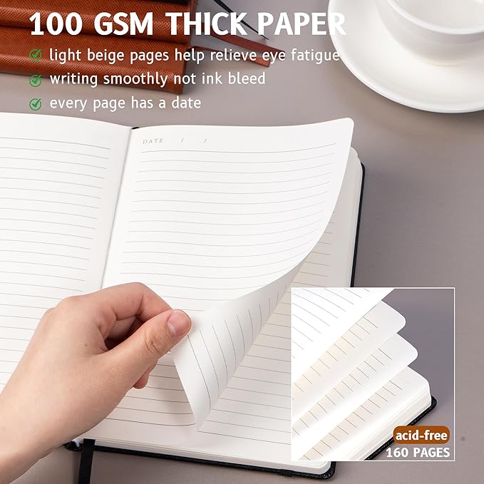 Lined Journal Notebooks for Work 2 Pack, 320 Pages, Medium 5.5 in x 8.5 in - 100 GSM Thick Paper, Hardcover Journal Leather Notebook for Writing & Note Taking, 2 Black