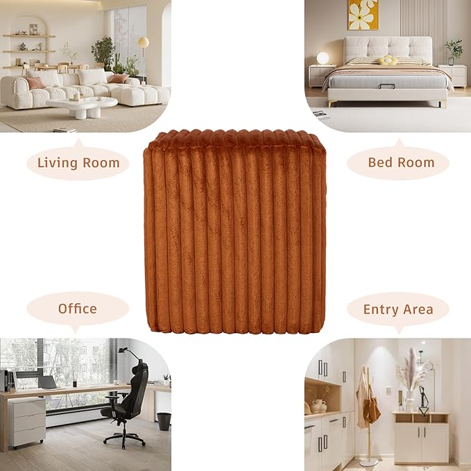 Modern Square Ottoman, Vertical Channel Tufted Foot Stool Ottoman, Velvet Upholstered Vanity Stool for Makeup, Bedroom, Living Room, Dark Orange