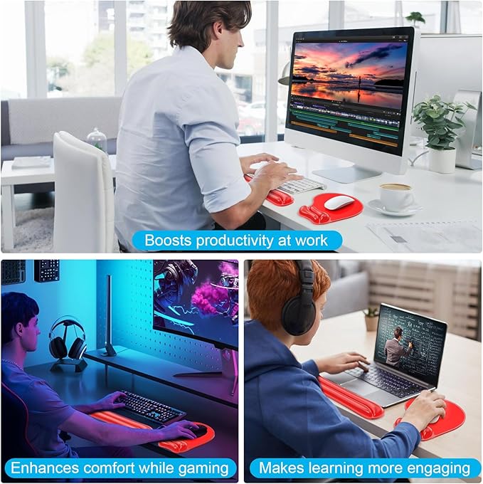 Gel Mouse pad & Keyboard Wrist Rest Set, Ergonomic Keyboard and Mousepad with Wrist Support, Keyboards Wrist Rest, Computer Keyboards Pad, Cooling Gel Red
