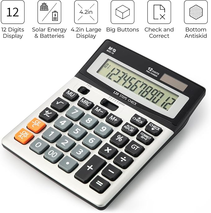 M&G Desk Calculator 12 Digit Extra Large LCD Display Calculators with Check & Correct, Dual Solar Power and Battery, Multi-Functional Financial Office Business Calculator with Big Buttons