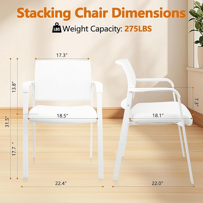 CLATINA Stacking Office Chairs | Mesh Back, Thicken Leather Seat and Arms, Ergonomic Lumber Support | Guest Reception, Waiting, Conference, School, Party, Customer, Side, Stationary | Set of 8, White