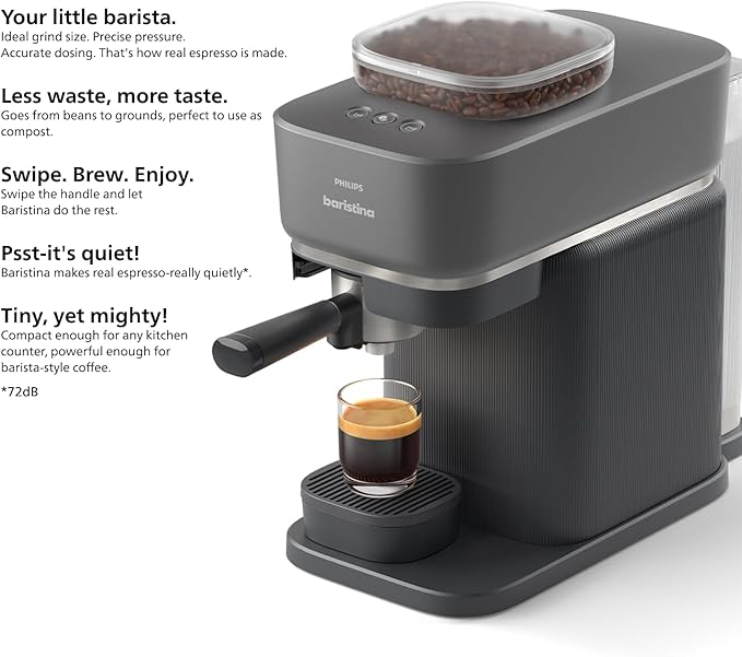 Philips Baristina Espresso Machine, Grind, Tamp & Brew Coffee Beans in One Swipe, Compact, 16 Bar Pump Pressure, Automatic Grinder, Black with Black Portafilter (BAR300/60)