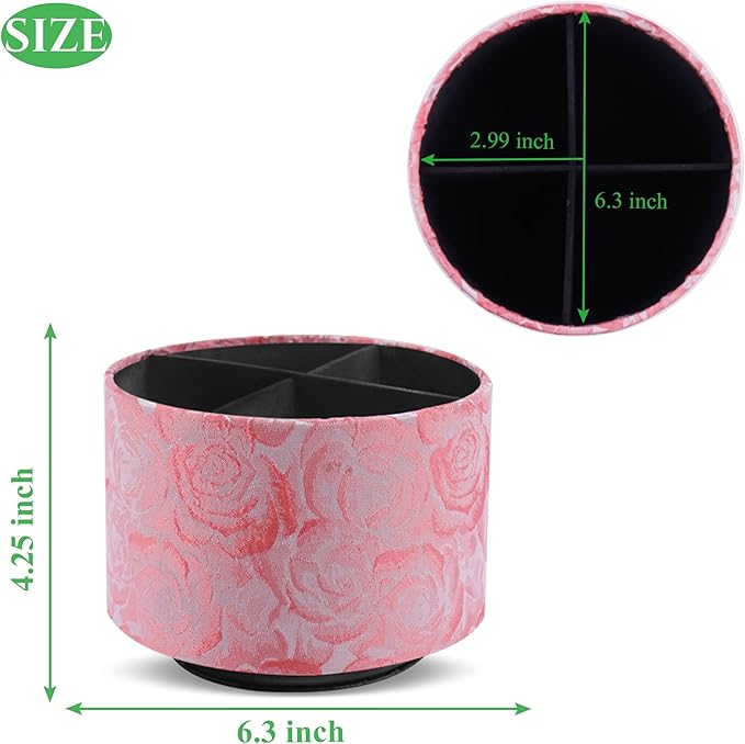 QIELIZI Round Leather Art Supply Organizer,Remote Control Holder,360 Degree Rotating,Multi-Functional Pencil Holder,4 Compartments Desktop Stationary Organizer(1-3D Rose Pink)