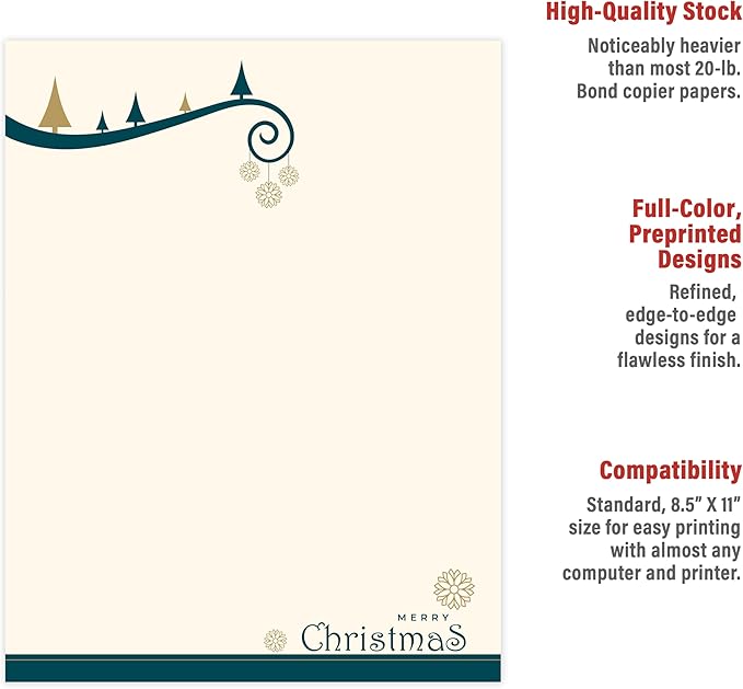 easykart labels Christmas Stationery Paper Letterhead Sheets 60 Pack Holiday Xmas Theme Design For Writing Letters Computer Office Notes & Printing Supplies Size 8.5" X 11"