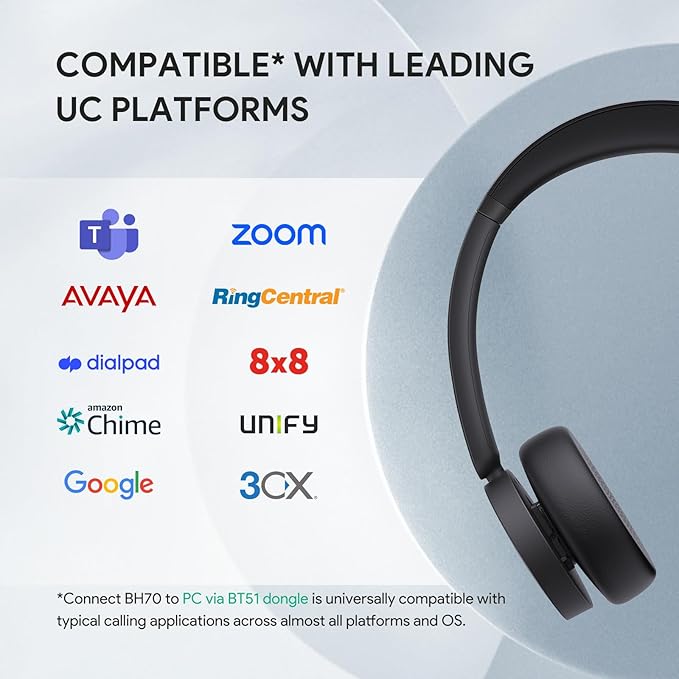 Yealink BH70 Wireless Bluetooth Headset with Microphone for Work, up to 35h Talking Battery Life, 3-Mic, 147g Lightweight Microsoft Teams Certified Headphone for Open Office, USB-C to A