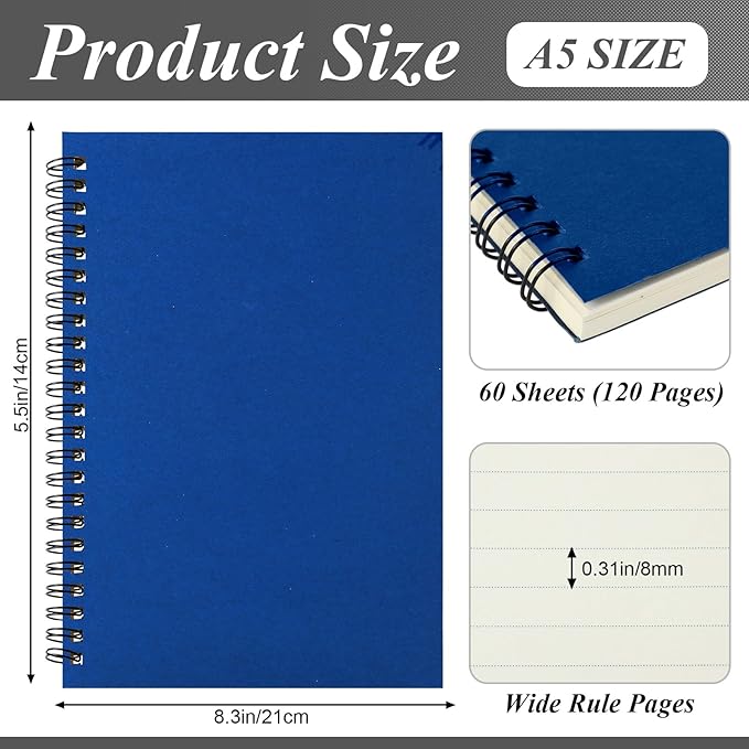 Leelosp 12 Pack Small Spiral Notebook A5 Lined College Ruled Spiral Journal Notebook 5.5 x 8.3 Inch Kraft Cover, 120 Pages for Work Students Office Business(Purple, White, Blue, Green, Red and Black)