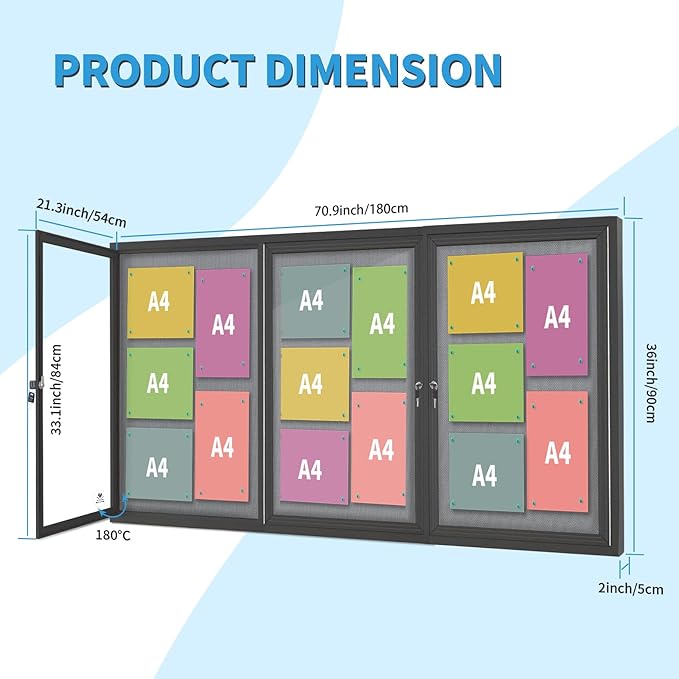 Lockable Outdoor Enclosed Bulletin Board, Weatherproof Cork Noticeboard with Locking Door, Wall-Mounted Aluminum Framed Display Case for Messages,70x36 in