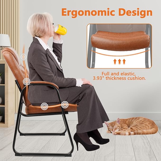 CLATINA Big & Tall 500 lb. Guest Chair, PU Leather Office Reception Chairs with Sled Base, Desk Chair No Wheels for Waiting Room Conference Lobby Computer Living Room, Brown, 2 Pack