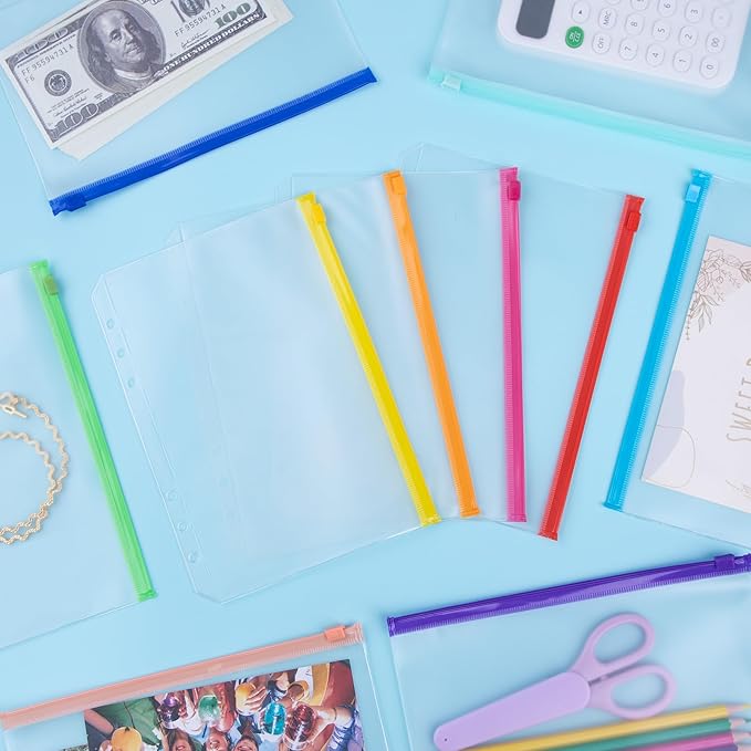 Antner 30PCS A5 Binder Pockets 6-Hole Cash Stuffing Envelopes for Money Saving, 10 Assorted Color Zipper Pouch Folders Budget Planner Inserts Loose Leaf Money Organizer Bags for A5 6-Ring Binder