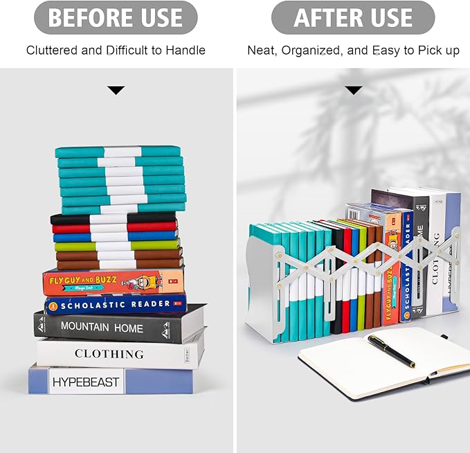 OMEYA 2PCS Adjustable Metal Bookends, Heavy Duty, 2 Dividers, Nonslip, Extends up to 19 inches (White)