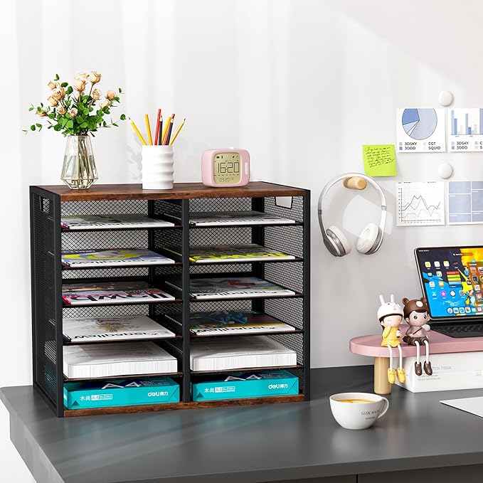 PAG Mass Mail Sorter - Adjustable Mail Holder, Countertop Literature Organizer, Student Mailbox for Classroom, Desktop Bill Paper Organizer for Office Home School, 12 Compartments, Brown