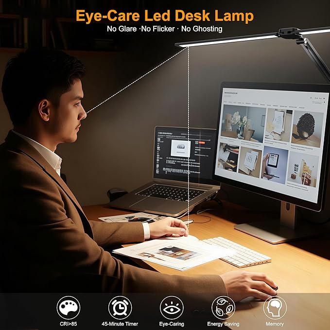 LED Desk Lamp for Office Home, 31.5" Architect Desk Light with Clamp Dual Screen Computer Monitor, 15W 5 Color X 10 Brightness Levels Table Lamp for Reading, Study, 1000LM Bright, Memory Function