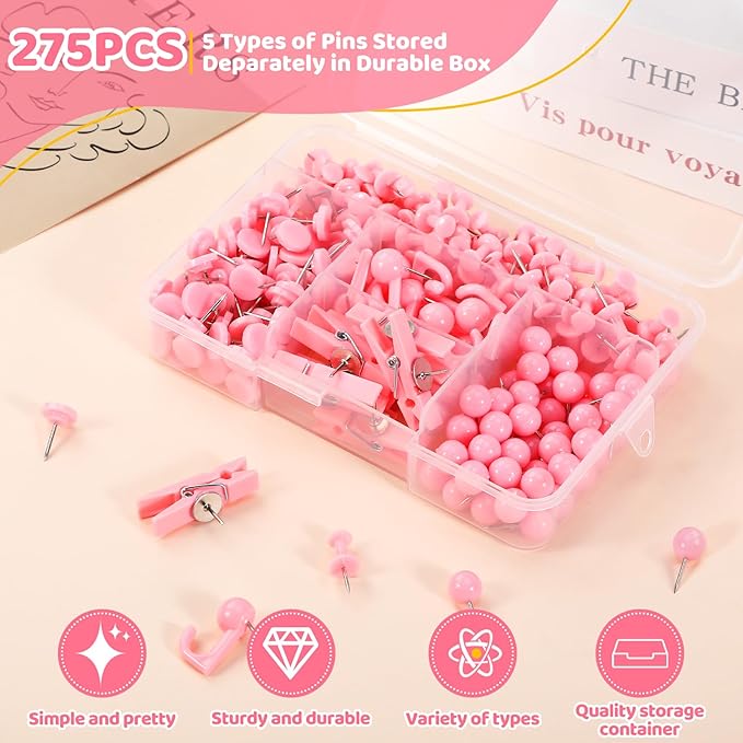 275pcs Pink Push Pins,5 Style Thumb Tacks, Decorative Push Pins, Cute Thumb Tacks for Bulletin Boards, Wall, Maps, Cork Board, Pink Office Supplies, Office Decor