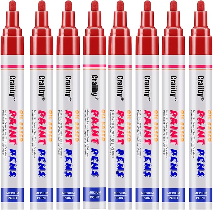 Red Paint Markers, 8 Pack Oil-Based Waterproof Quick Dry Permanent Paint Pen Set for Rocks Painting, Wood, Fabric, Plastic, Canvas, Glass, Mugs, Metal, Tire, Stone, DIY Craft