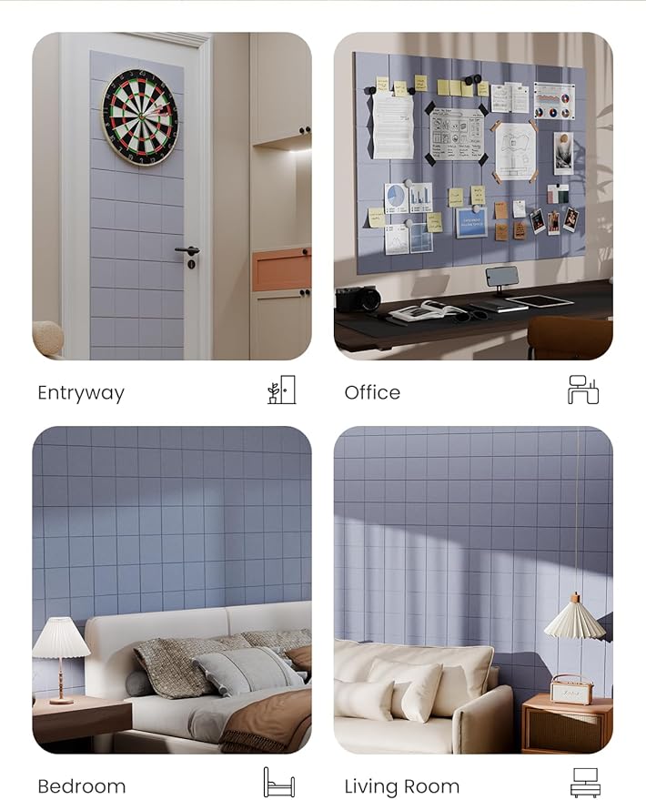 Bumusty Large Cork Board Alternative-47 x35 Felt Bulletin Board Tiles, with 30 Pushpins, 70 Adhesive Tabs, 12-Pack Slat Wall Paneling, Cork Boards for Office Push Pin Board Felt Board-Soft Periwinkle