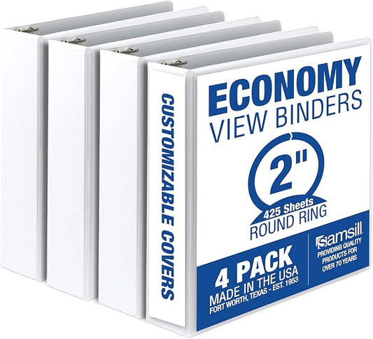 Samsill 2 Inch 3 Ring Binders, Made in USA, Economy Round Ring, Clear View Cover, 425 Sheet Capacity - for School, Home, Office - White, 4 Pack