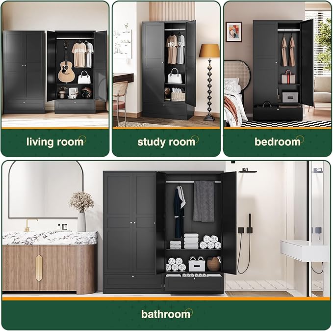 Letaya Wardrobe Closet,72" H Clothing Metal Storage Cabinet with Storage Drawer Adjustable Shelves and Hanging Rod,Bedroom Armoire Cabinet Clothes Organizer (Black)