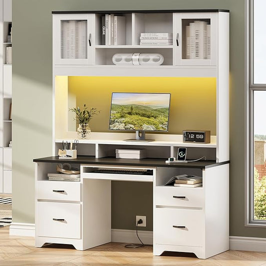 Bestier 77.8" H Executive Desk with Hutch, Modern Wood Computer Desk with Drawers, Charging Station, LED Light, Fluted Storage Cabinet, Keyboard Tray, 59" W Office Desk for Home Office, White