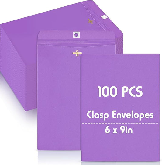 Geyee 100 Pcs Clasp Manilla Envelopes 6 x 9 Inch Gummed Colored Envelopes for Storing or Mailing for Home Office Business Supplies(Purple)