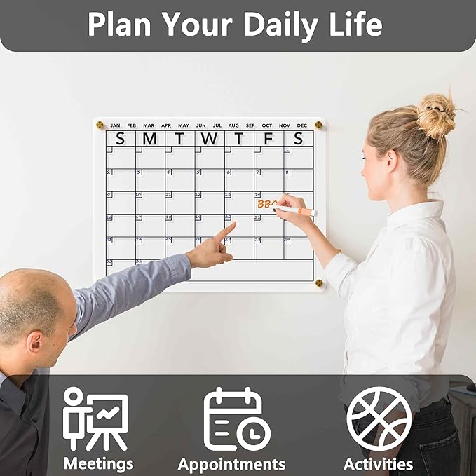 Wall Calendar (Not Magnetic), Clear Acrylic Monthly Planner White Board Dry Erase Whiteboard, w/ 8 Colors Markers, 15"x11"