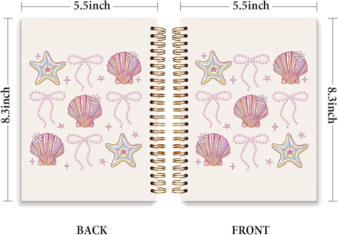 JXREQ Coquette Pink Bow Seashell Notebook Journal for Women, Preppy Aesthetic Journaling Notebooks for Note Taking, Girly Office Supplies, Trendy Beachy Spiral Notebooks 5.5x8.3