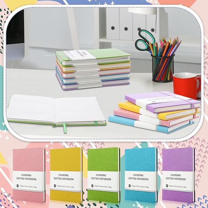 10 Pack Bullet Dotted Journal Notebook Bulk, A5 Dot Grid Notebook with 100 GSM Paper, Leather Hardcover Dotted Journal with 160 Pages for Women Men Writing Journaling Planning, 5.7 x 8.3 Inch